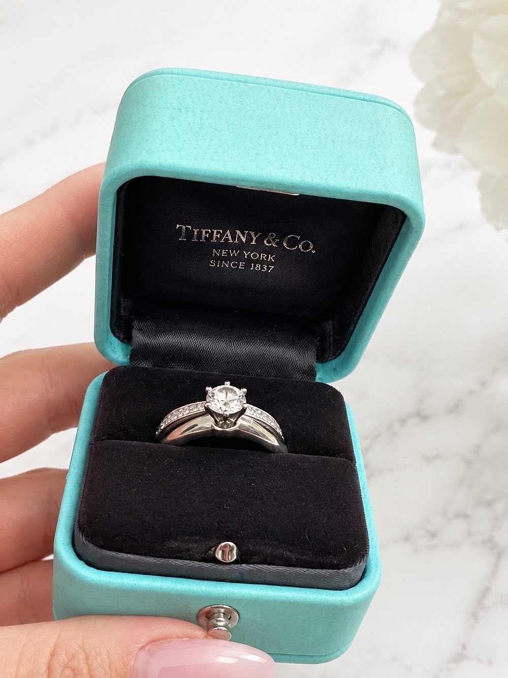 Tiffany & Co. Platinum 0.61ct Engagement Ring + Harmony Diamond Wedding Band